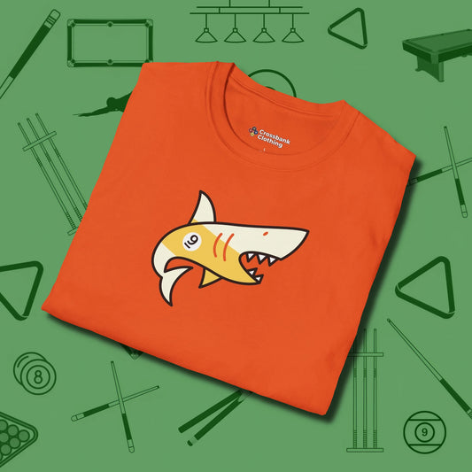 Nine Ball Shark T-Shirt, folded view, in Orange from chalk to clutch, look the part