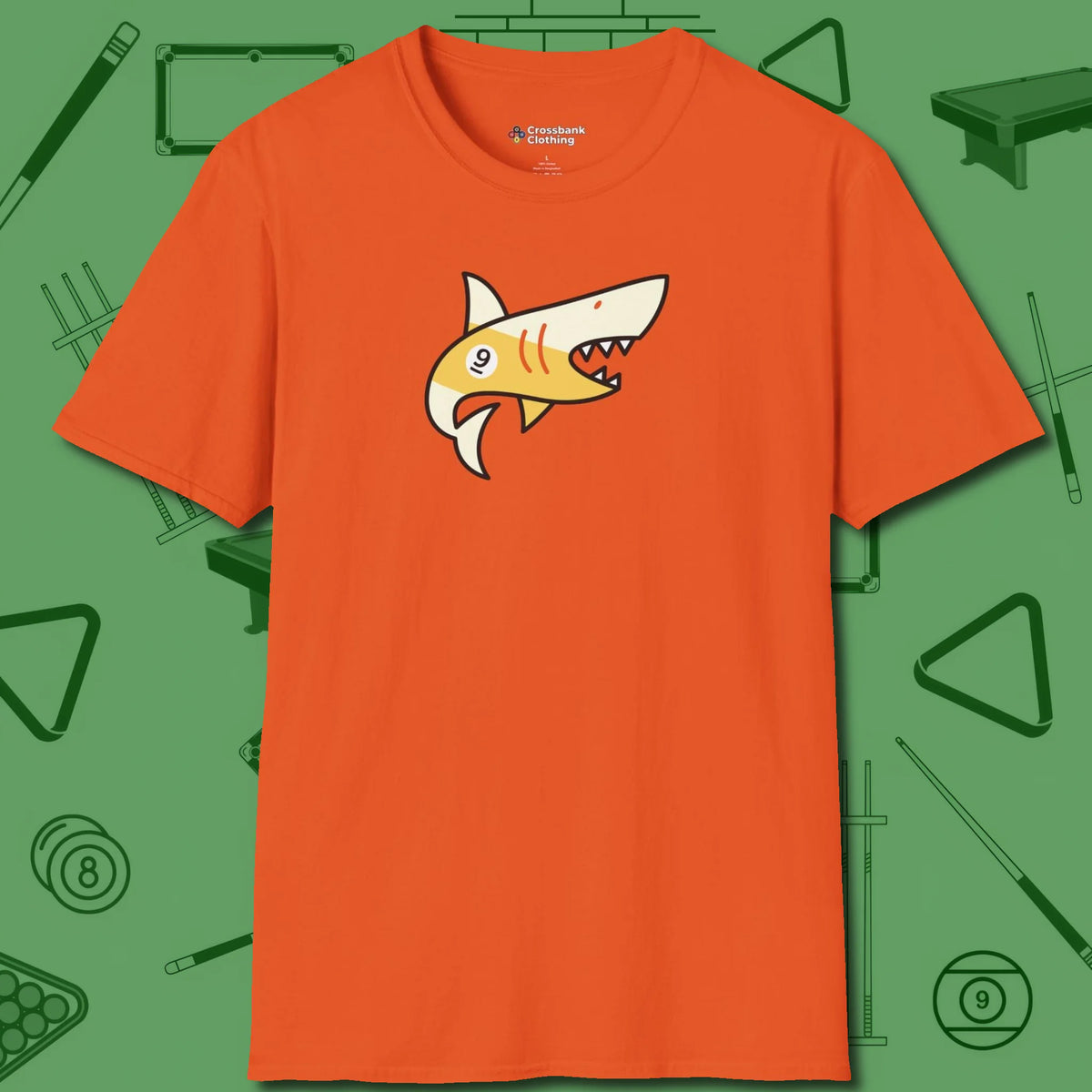 Nine Ball Shark T-Shirt, front view, in Orange cue up respect every time you wear it