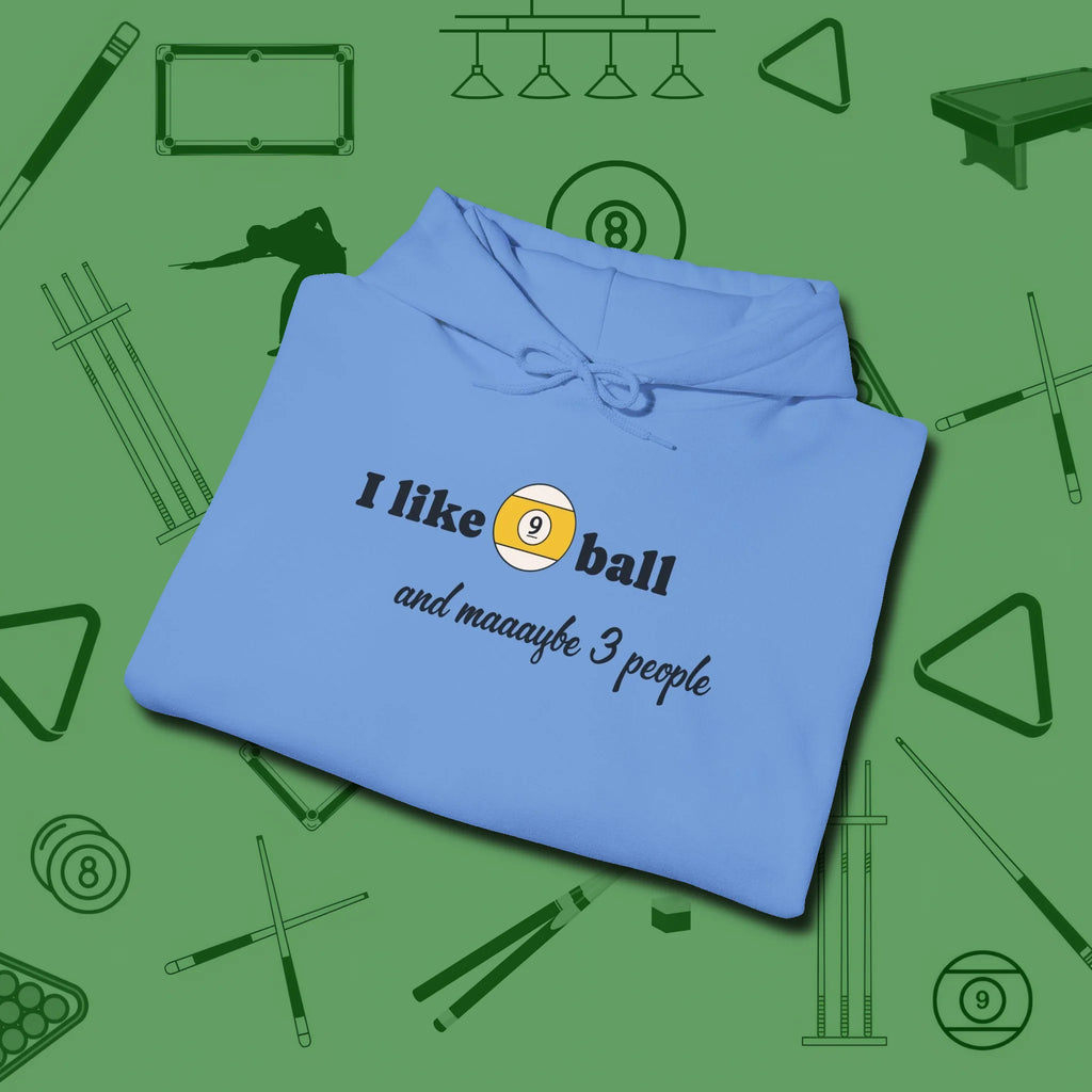 Nine Ball and 3 People Hoodie, folded view, in Carolina Blue from chalk to clutch, look the part