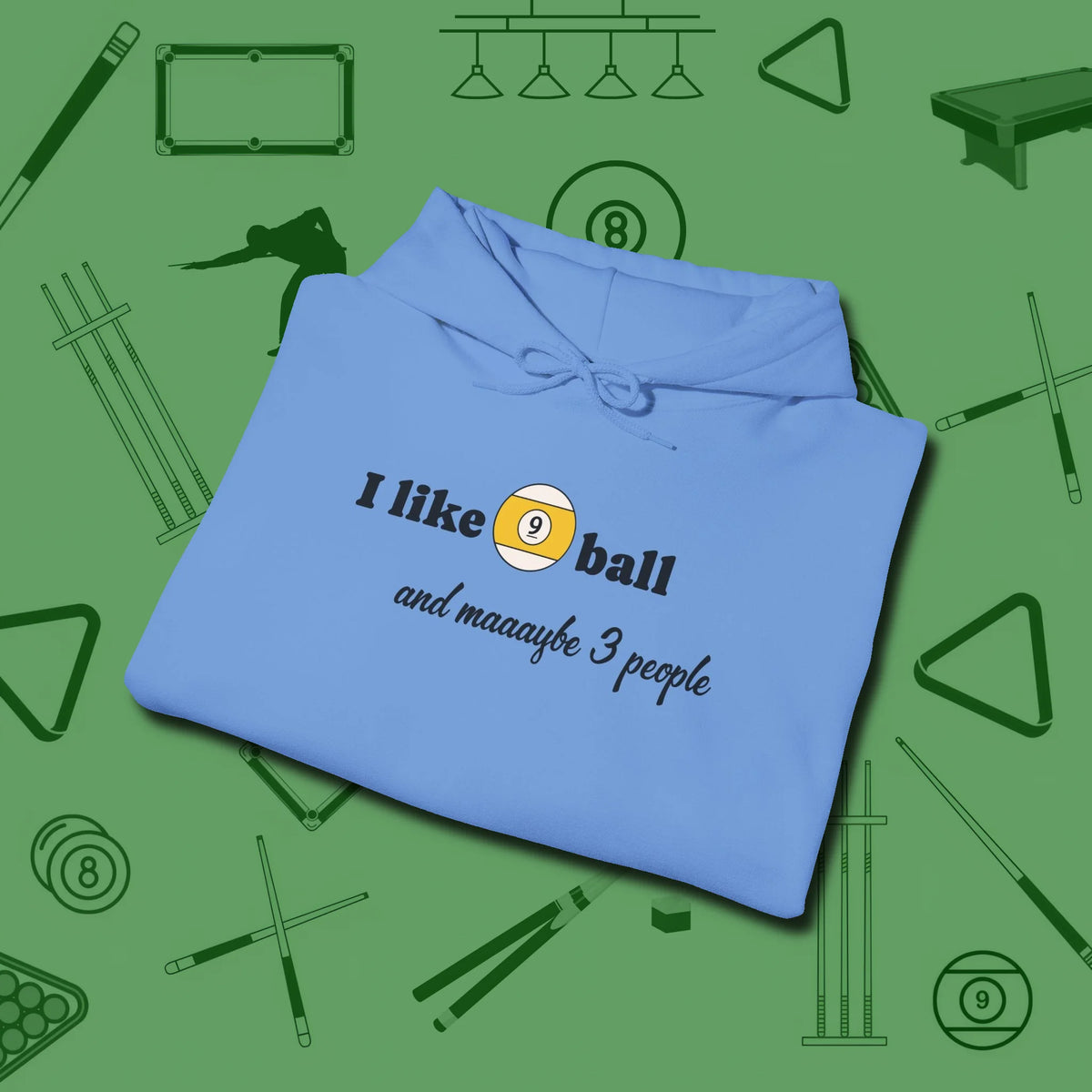 Nine Ball and 3 People Hoodie, folded view, in Carolina Blue from chalk to clutch, look the part