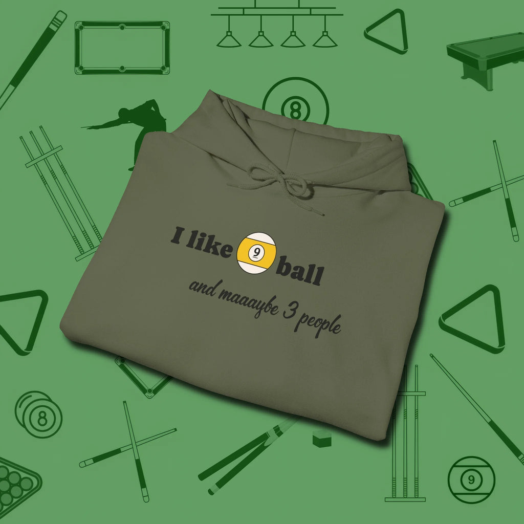 Nine Ball and 3 People Hoodie, folded view, in Military Green break, run out, turn heads — repeat