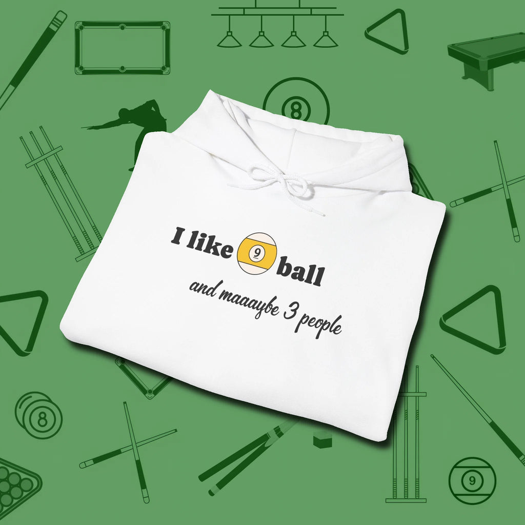 Nine Ball and 3 People Hoodie, folded view, in White fashion with break-and-run energy