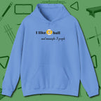 Nine Ball and 3 People Hoodie, front view, in Carolina Blue the shirt that plays position