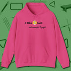 Nine Ball and 3 People Hoodie, front view, in Heliconia as serious as your stroke