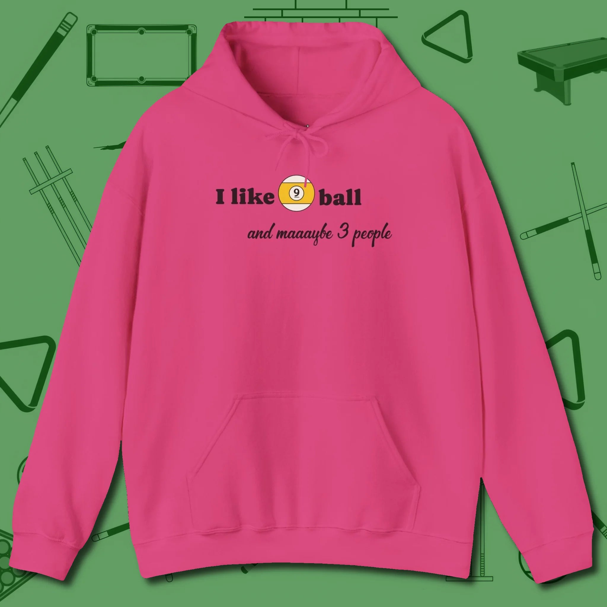 Nine Ball and 3 People Hoodie, front view, in Heliconia as serious as your stroke