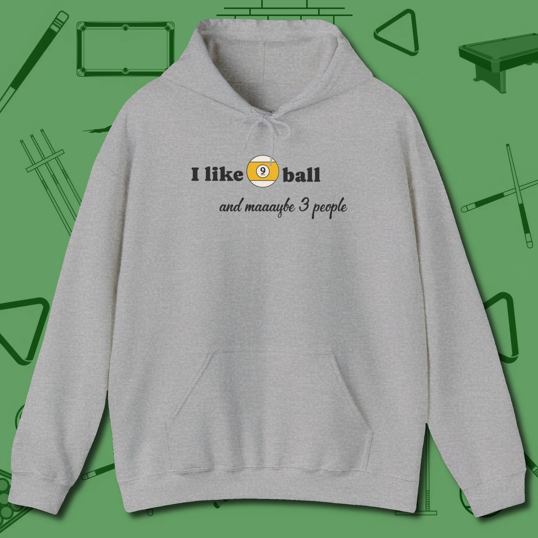 Nine Ball and 3 People Hoodie, front view, in Sport Grey from chalk to clutch, look the part