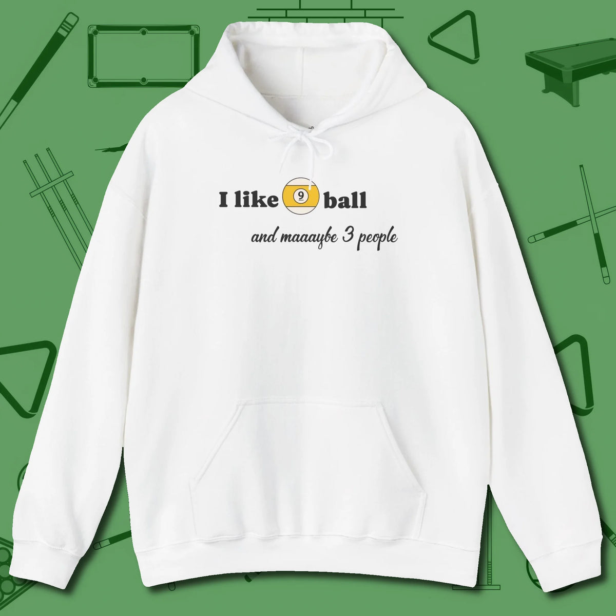 Nine Ball and 3 People Hoodie, front view, in White fashion with break-and-run energy