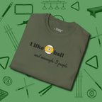 Nine Ball and 3 People T-Shirt, folded view, in Military Green tough like your favorite break cue