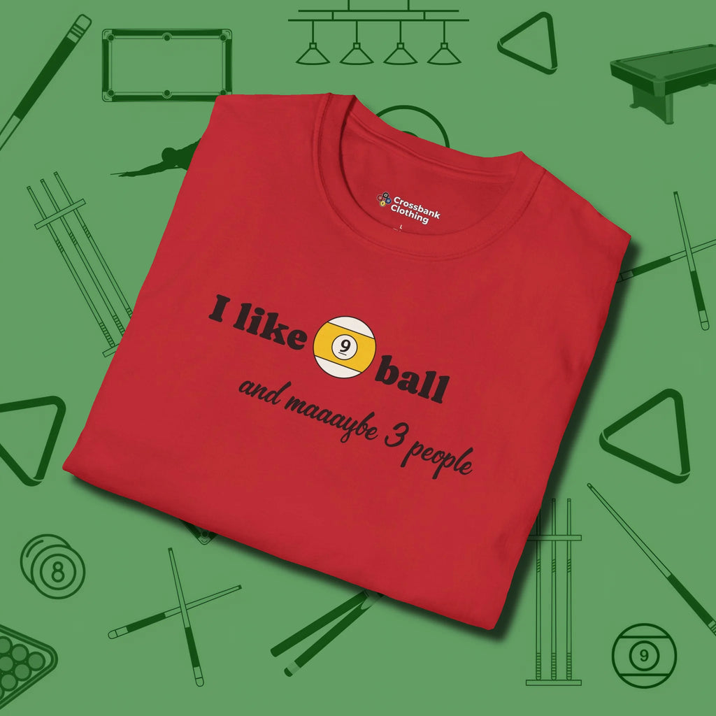 Nine Ball and 3 People T-Shirt, folded view, in Red the official uniform of the after-hours crew