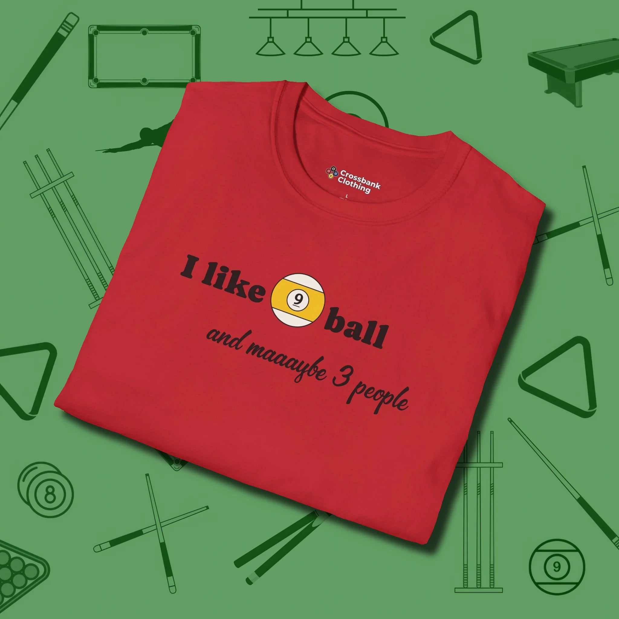 Nine Ball and 3 People T-Shirt, folded view, in Red the official uniform of the after-hours crew