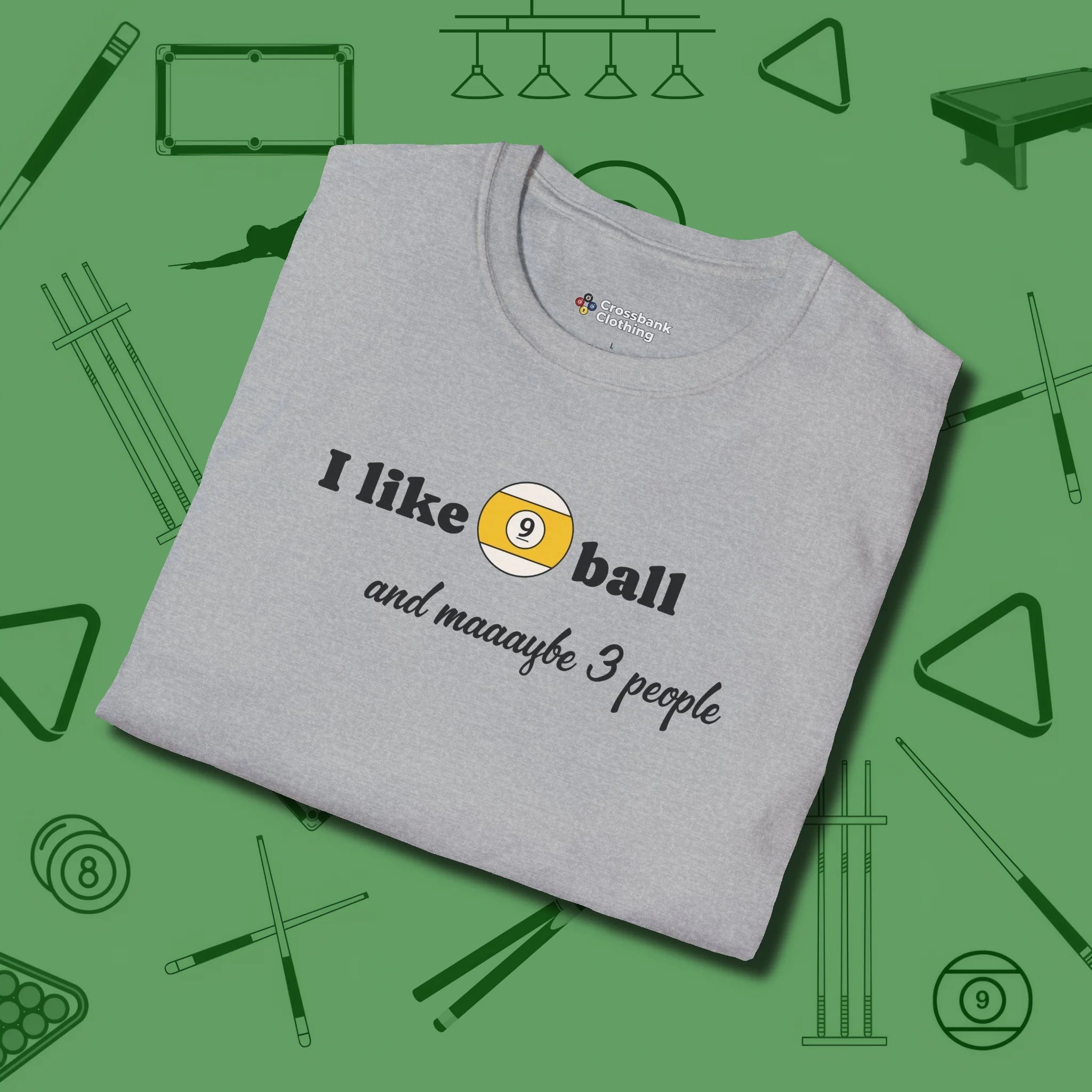 Nine Ball and 3 People T-Shirt, folded view, in Sport Grey stitched for cue discipline and cool confidence