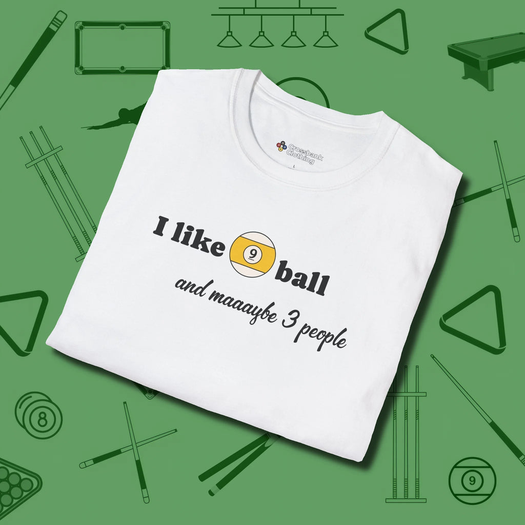 Nine Ball and 3 People T-Shirt, folded view, in White style that banks as hard as you do
