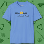 Nine Ball and 3 People T-Shirt, front view, in Carolina Blue designed for dead stroke and deadpan looks