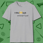 Nine Ball and 3 People T-Shirt, front view, in Sport Grey where cue control meets personal style