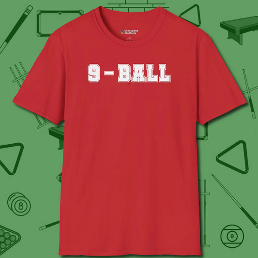 Nine Ball Sports T-Shirt, front view, in Red precise, confident, always in control