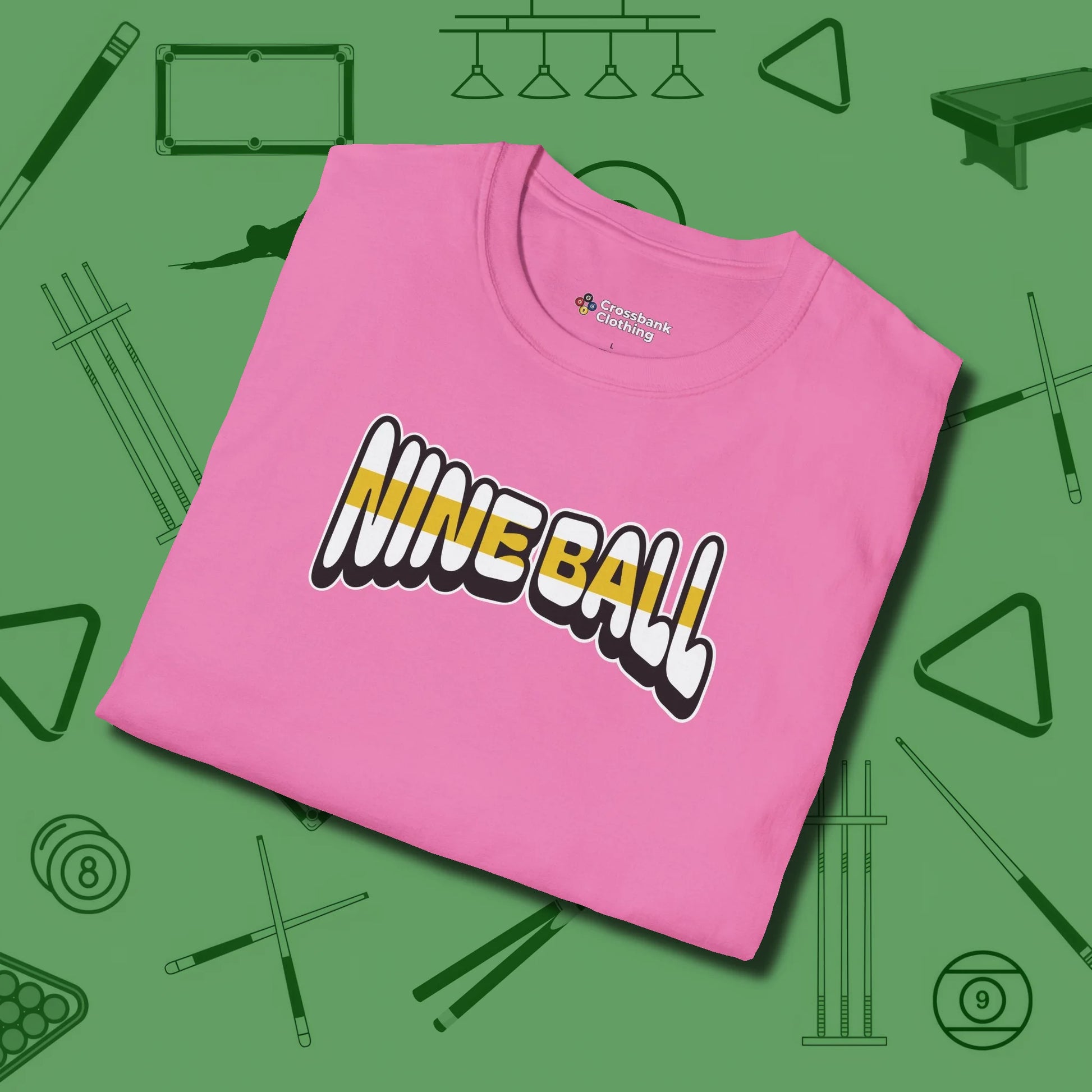 Nine Ball Letters T-Shirt, folded view, in Azalea an extension of your pool persona