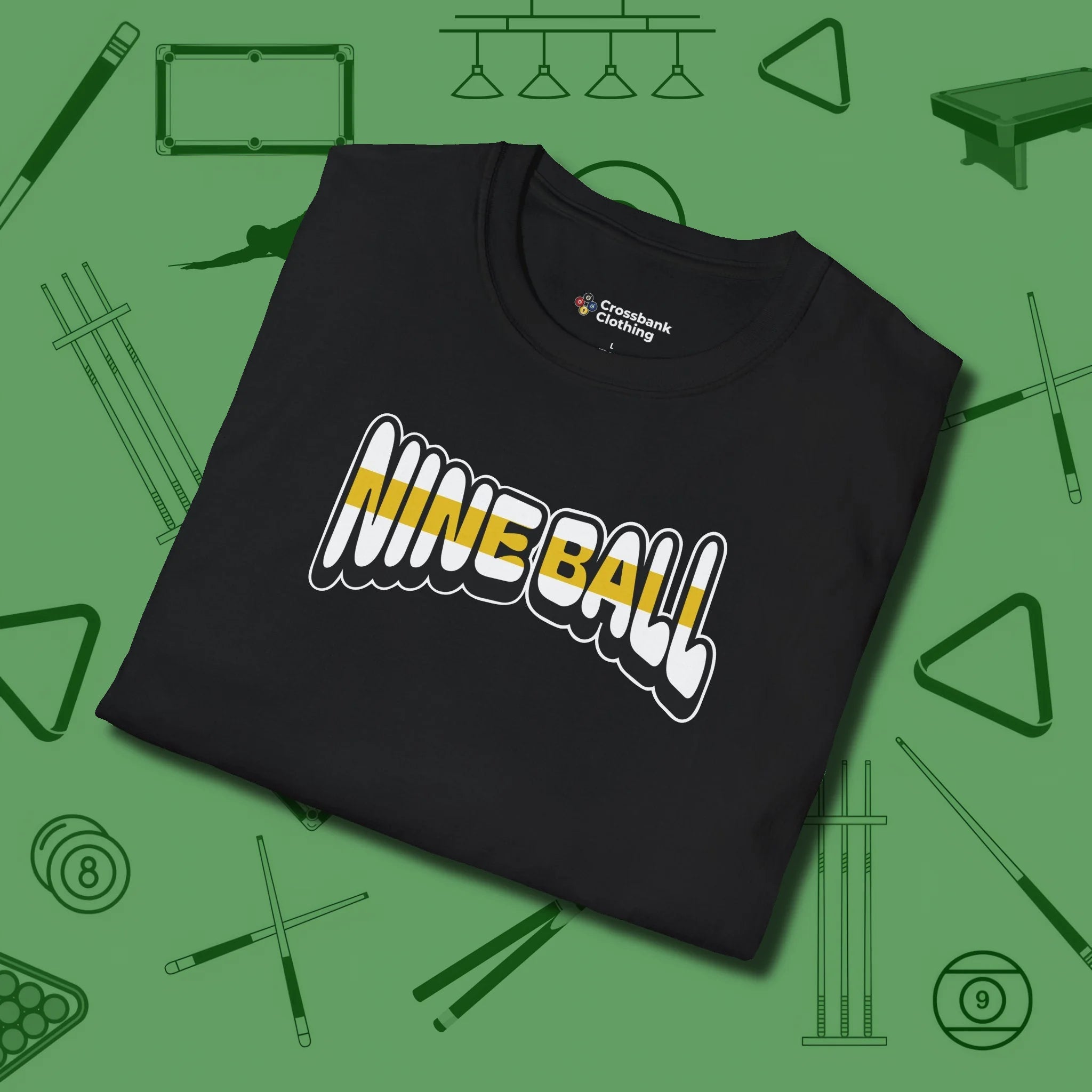 Nine Ball Letters T-Shirt, folded view, in Black for shooters who dress like they play: sharp
