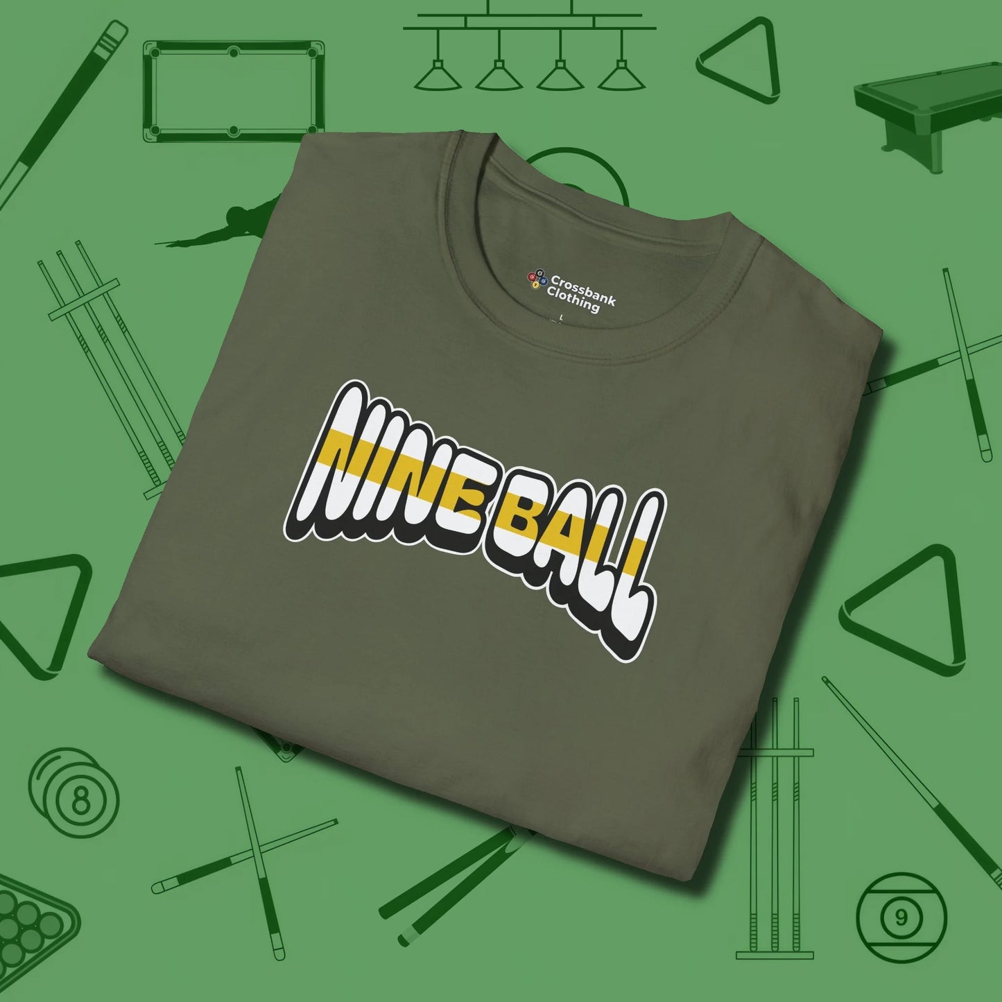 Nine Ball Letters T-Shirt, folded view, in Military Green because you don’t just play — you represent