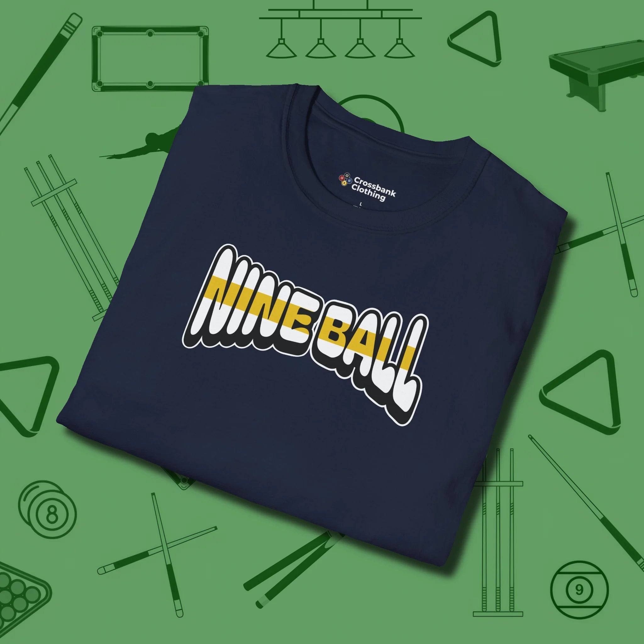 Nine Ball Letters T-Shirt, folded view, in Navy fashion with break-and-run energy