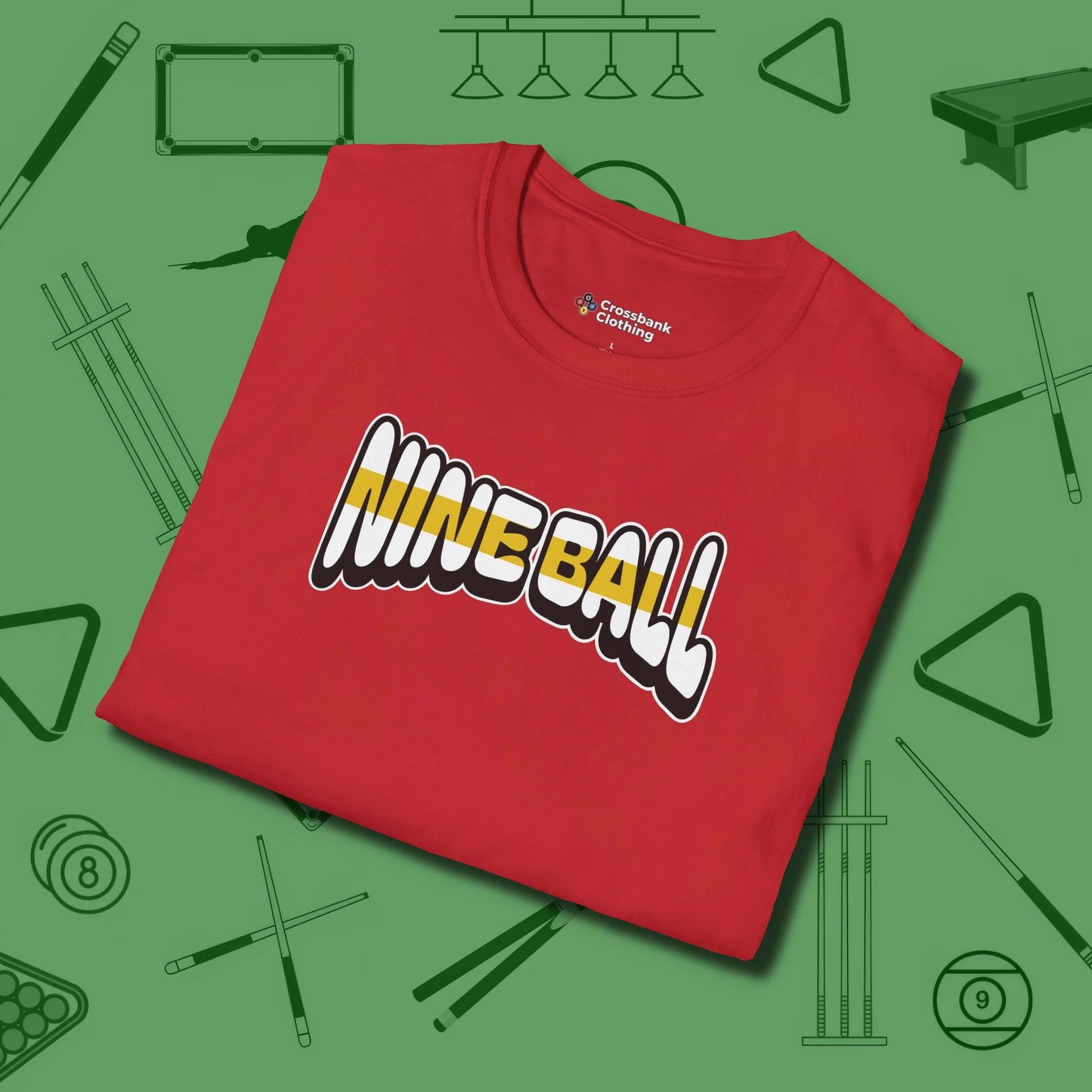 Nine Ball Letters T-Shirt, folded view, in Red subtle drip for serious shooters