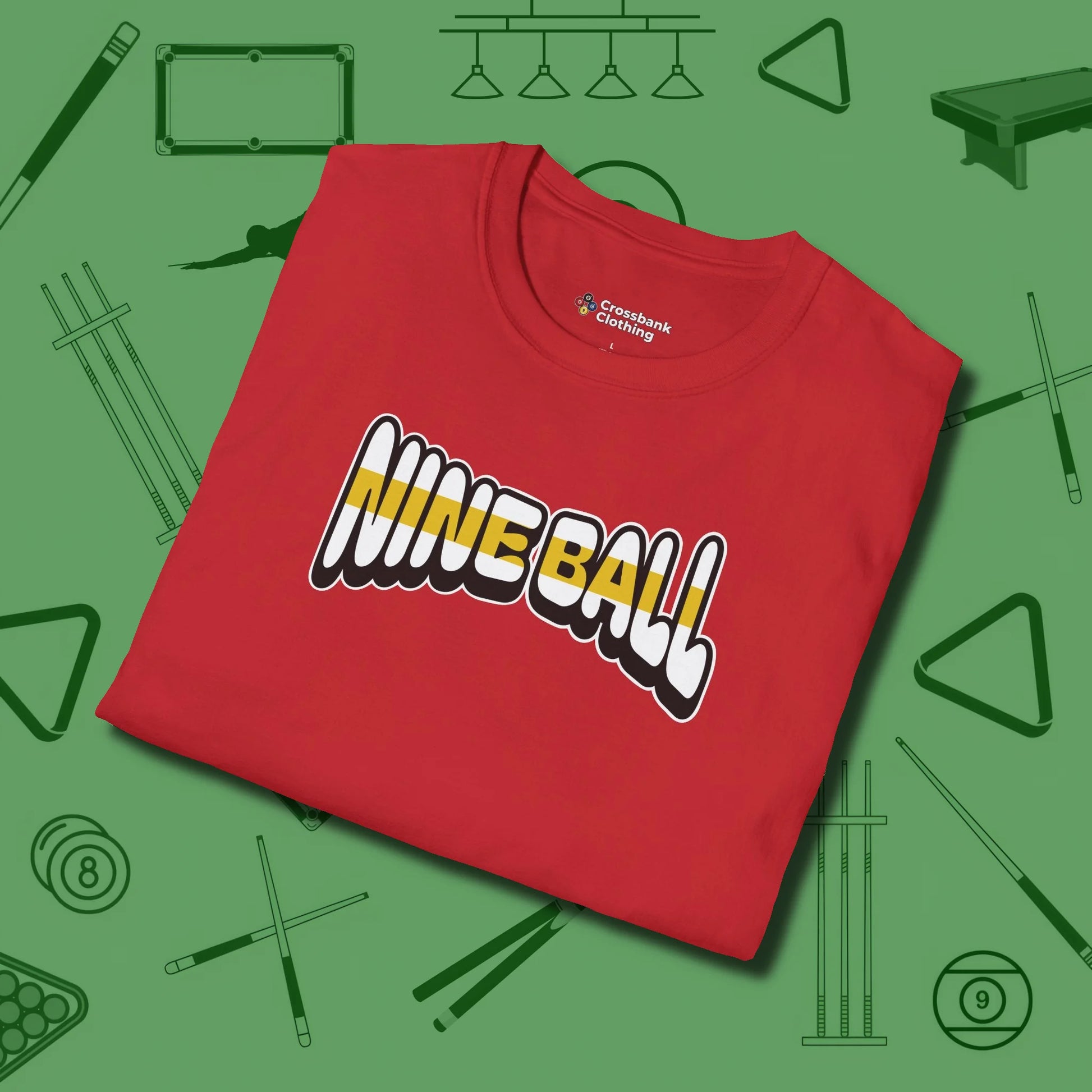 Nine Ball Letters T-Shirt, folded view, in Red subtle drip for serious shooters