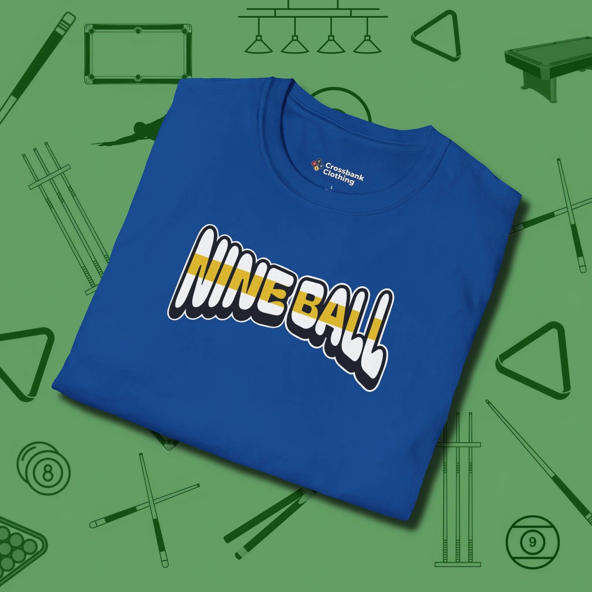 Nine Ball Letters T-Shirt, folded view, in Royal cool under pressure, hot on the eyes