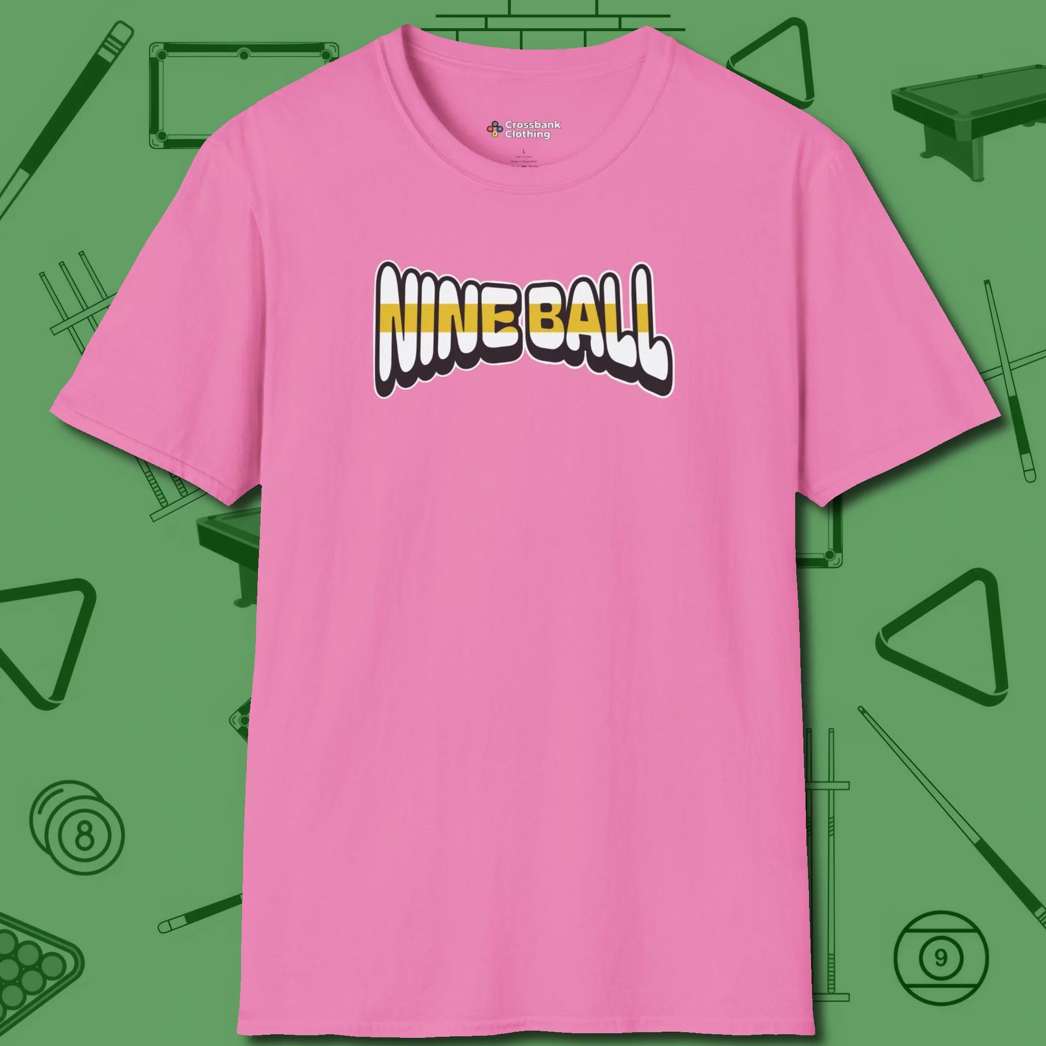Nine Ball Letters T-Shirt, front view, in Azalea from chalk to clutch, look the part