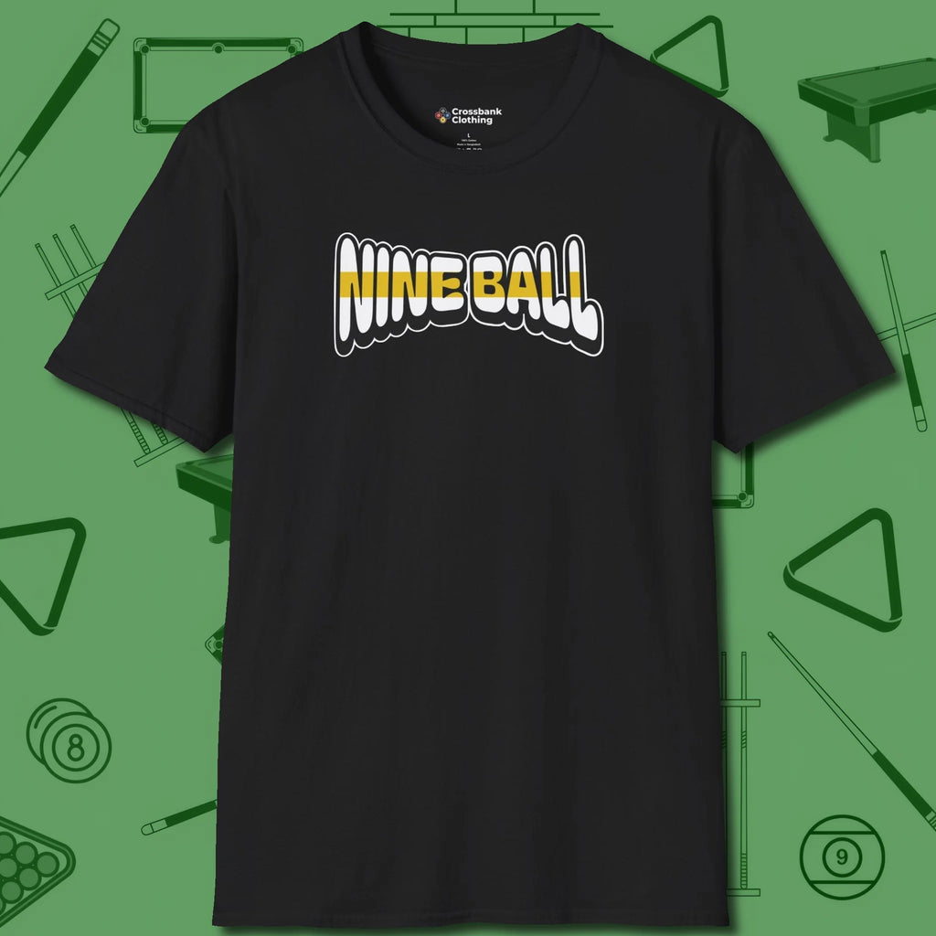 Nine Ball Letters T-Shirt, front view, in Black style that banks as hard as you do