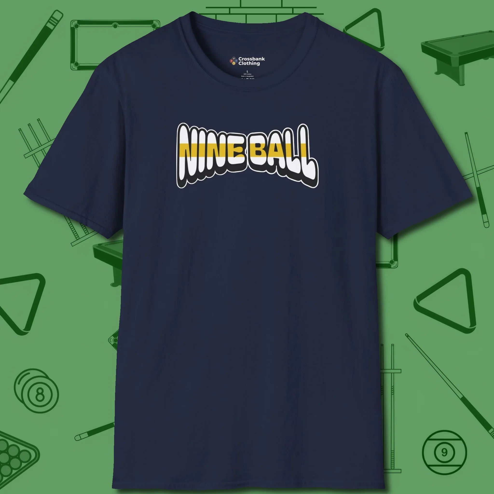 Nine Ball Letters T-Shirt, front view, in Navy clean lines for dirty minds