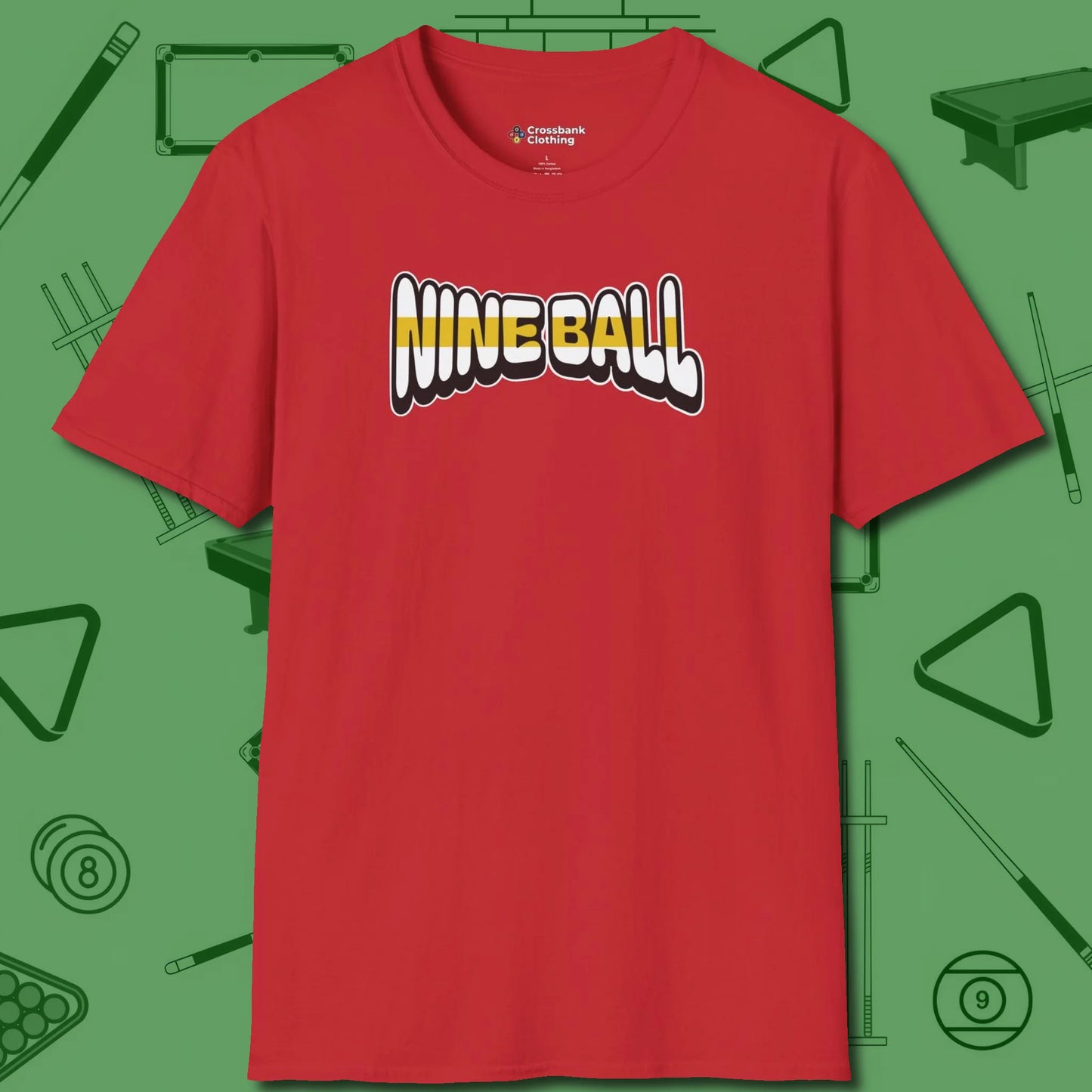 Nine Ball Letters T-Shirt, front view, in Red for players who live the game