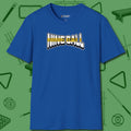 Nine Ball Letters T-Shirt, front view, in Royal the shirt that plays position