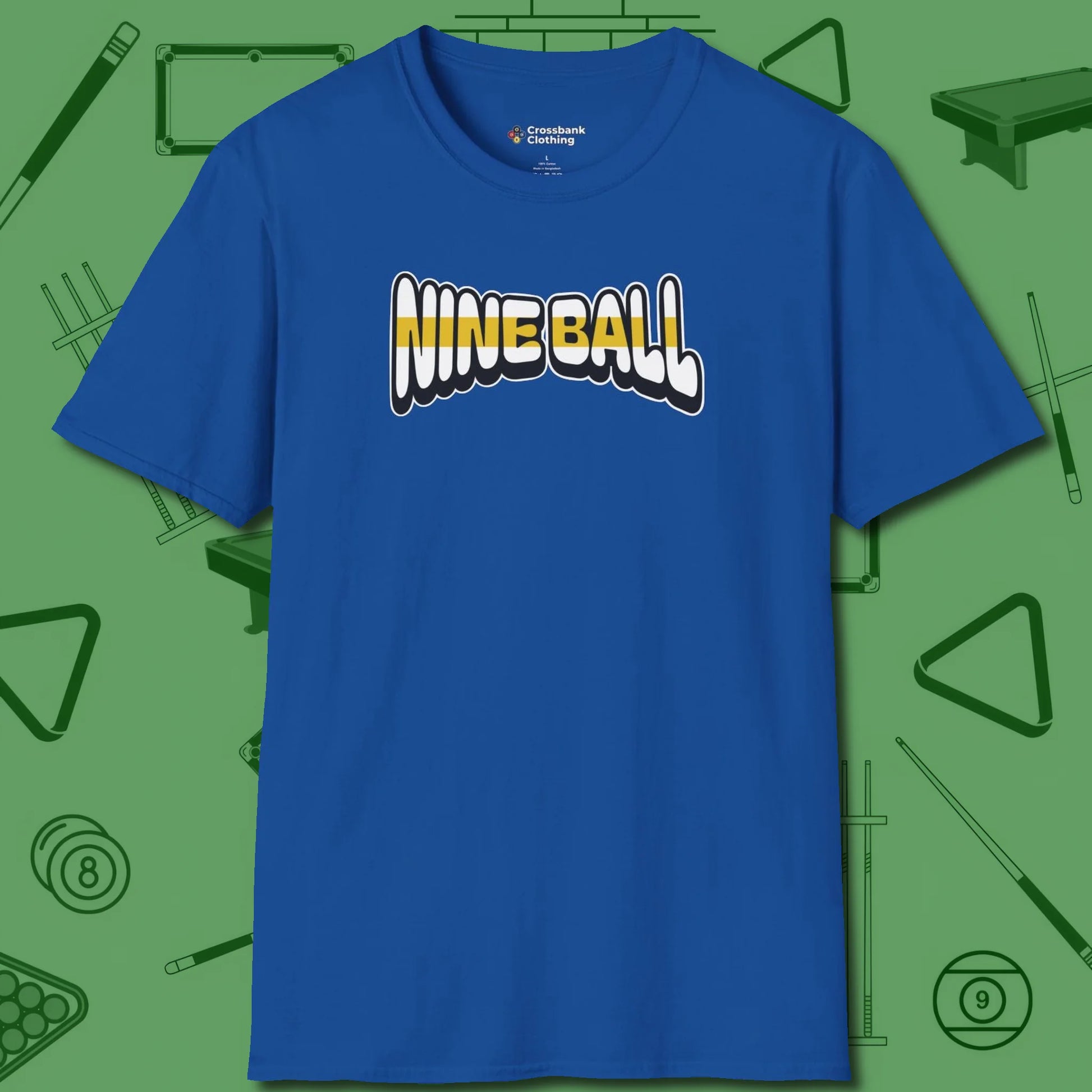 Nine Ball Letters T-Shirt, front view, in Royal the shirt that plays position