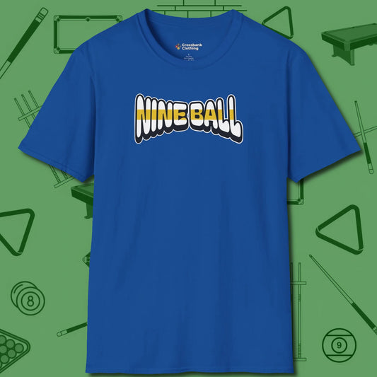 Nine Ball Letters T-Shirt, front view, in Royal the shirt that plays position