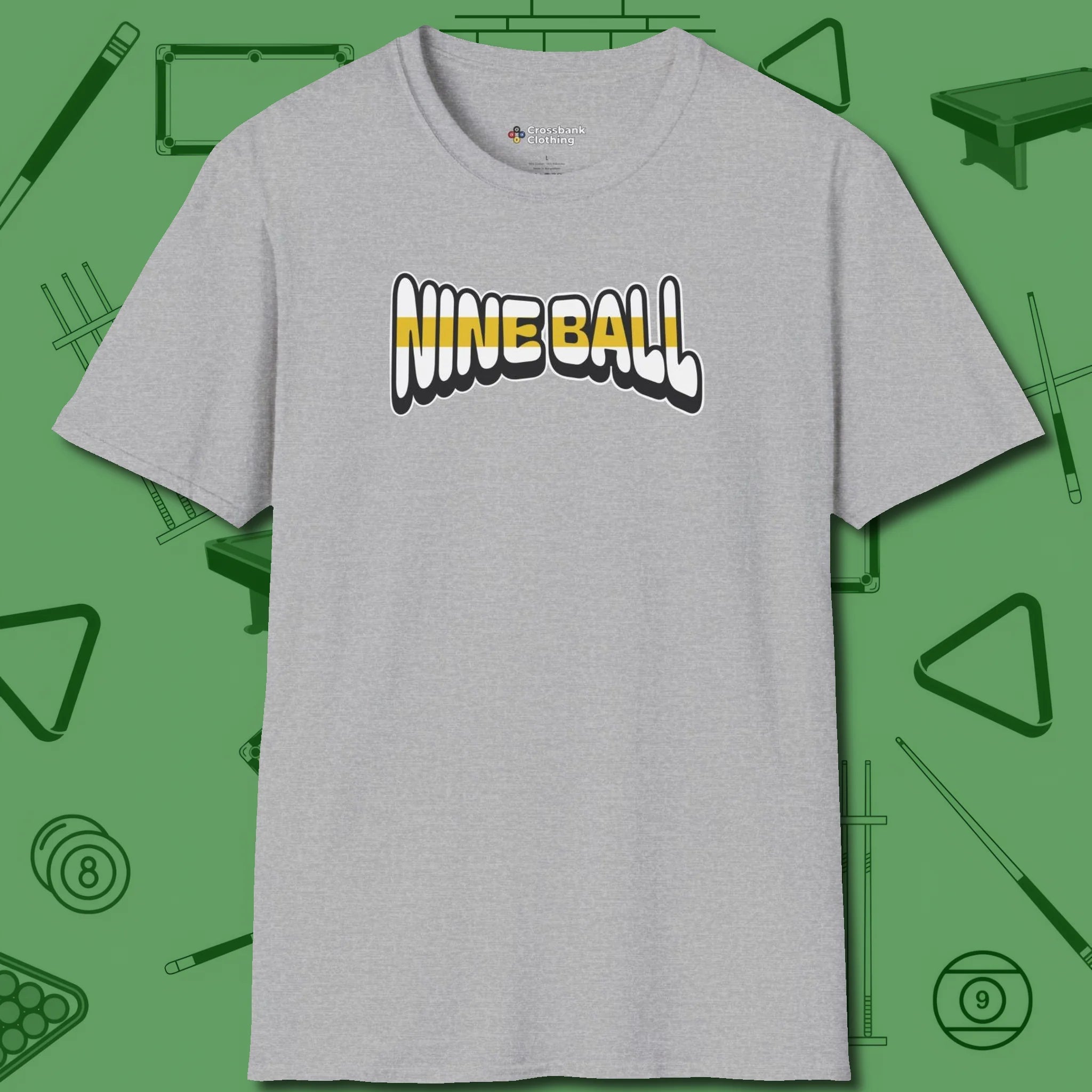 Nine Ball Letters T-Shirt, front view, in Sport Grey not your average 8-ball graphic tee