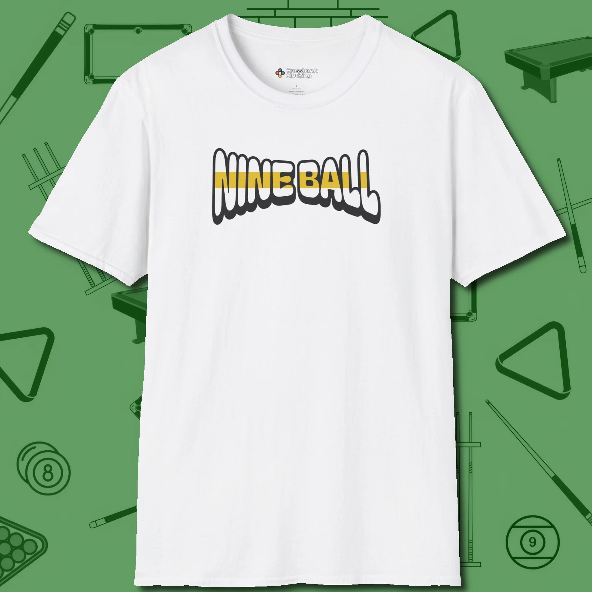 Nine Ball Letters T-Shirt, front view, in White cool enough for a corner pocket finish
