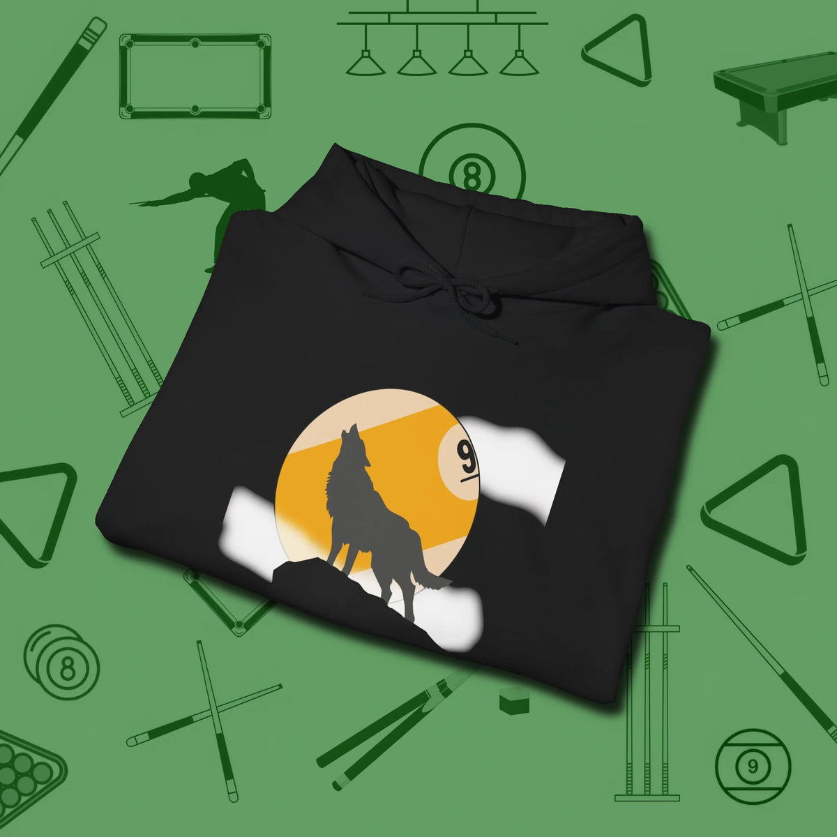 Nine Ball Wolf Hoodie, folded view, in Black made for pool sharks, not posers