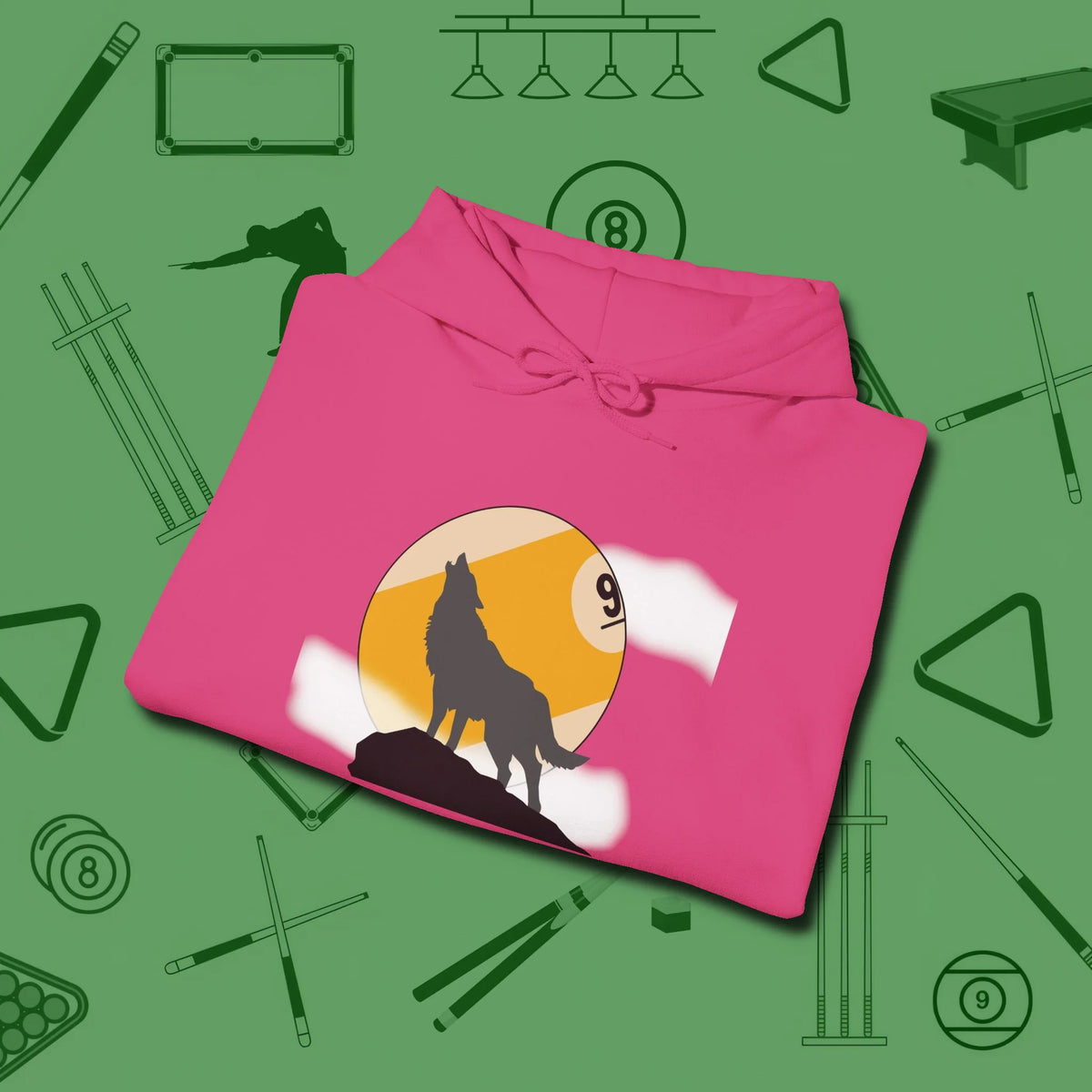 Nine Ball Wolf Hoodie, folded view, in Heliconia designed for dead stroke and deadpan looks