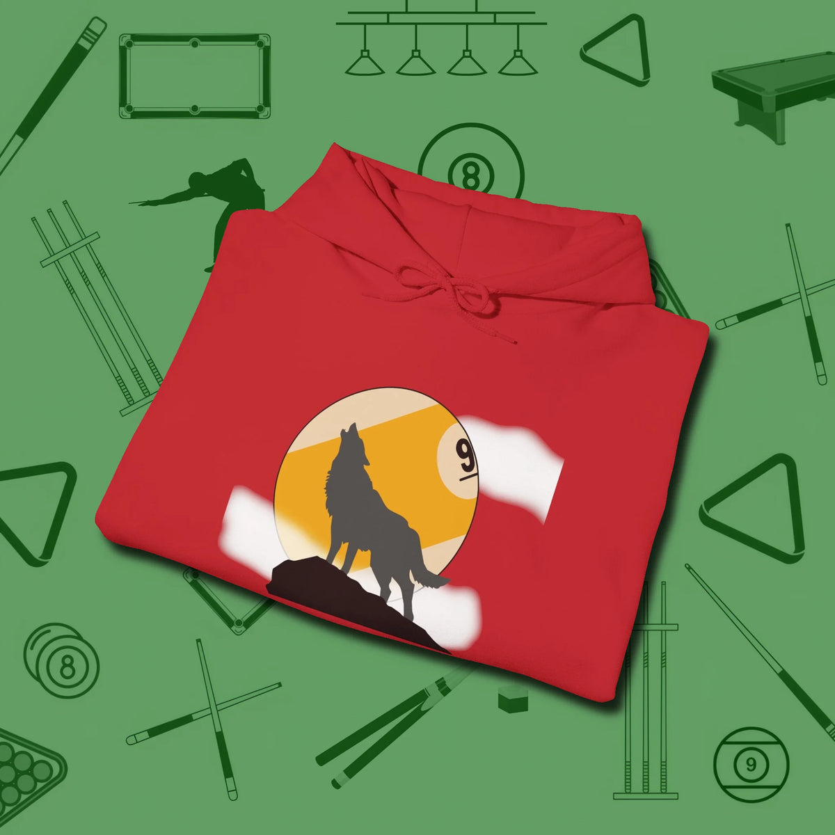 Nine Ball Wolf Hoodie, folded view, in Red because pool isn’t just a game — it’s who you are