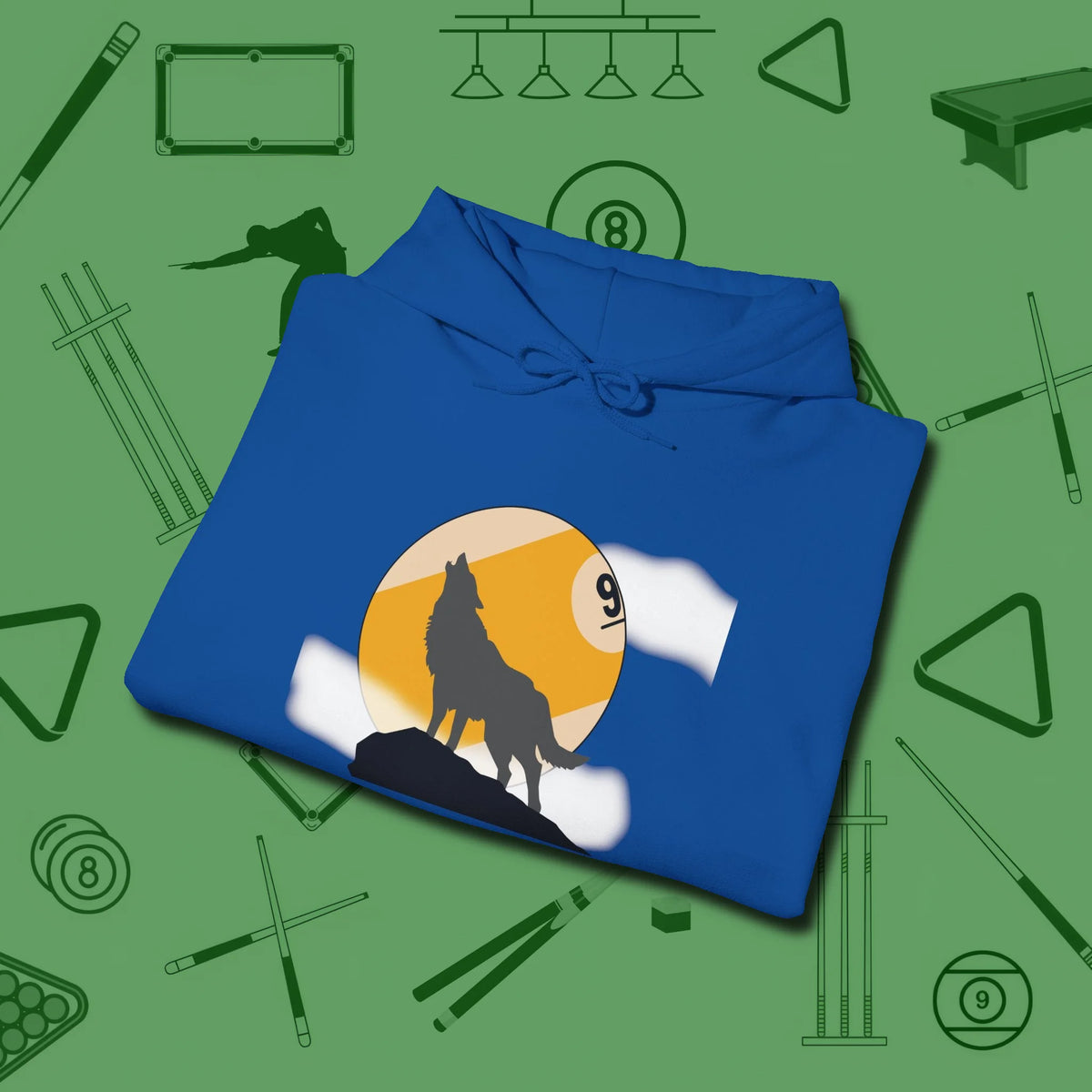 Nine Ball Wolf Hoodie, folded view, in Royal make every shot — and outfit — count