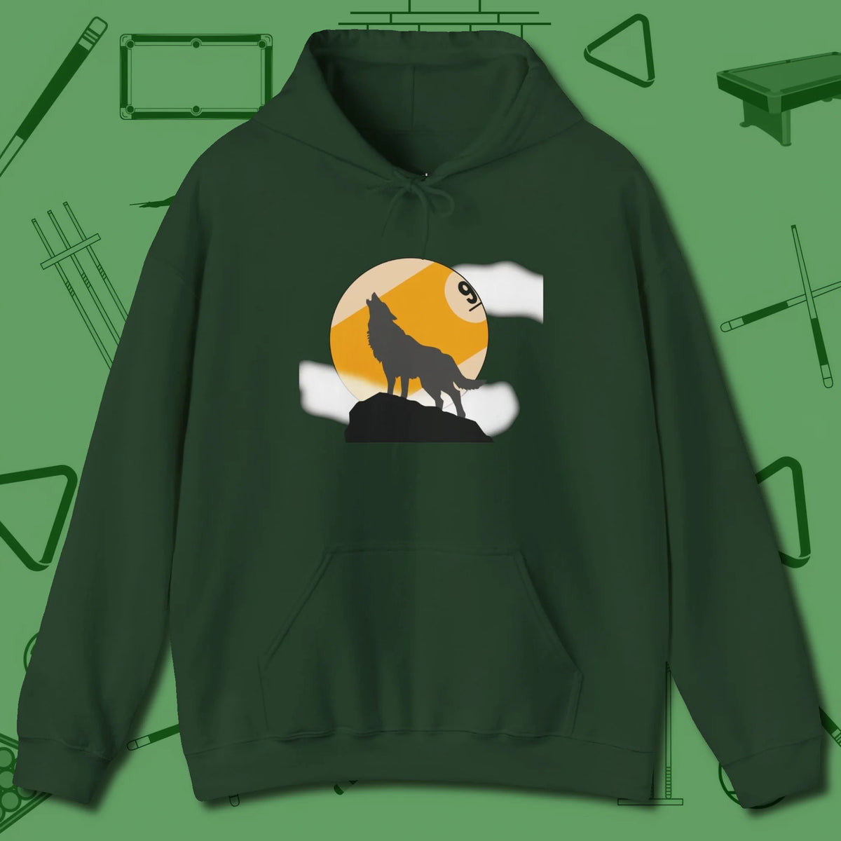 Nine Ball Wolf Hoodie, front view, in Forest Green it’s not a hobby — it’s a lifestyle