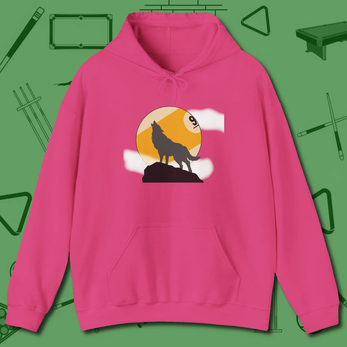 Nine Ball Wolf Hoodie, front view, in Heliconia look good while calling your pocket