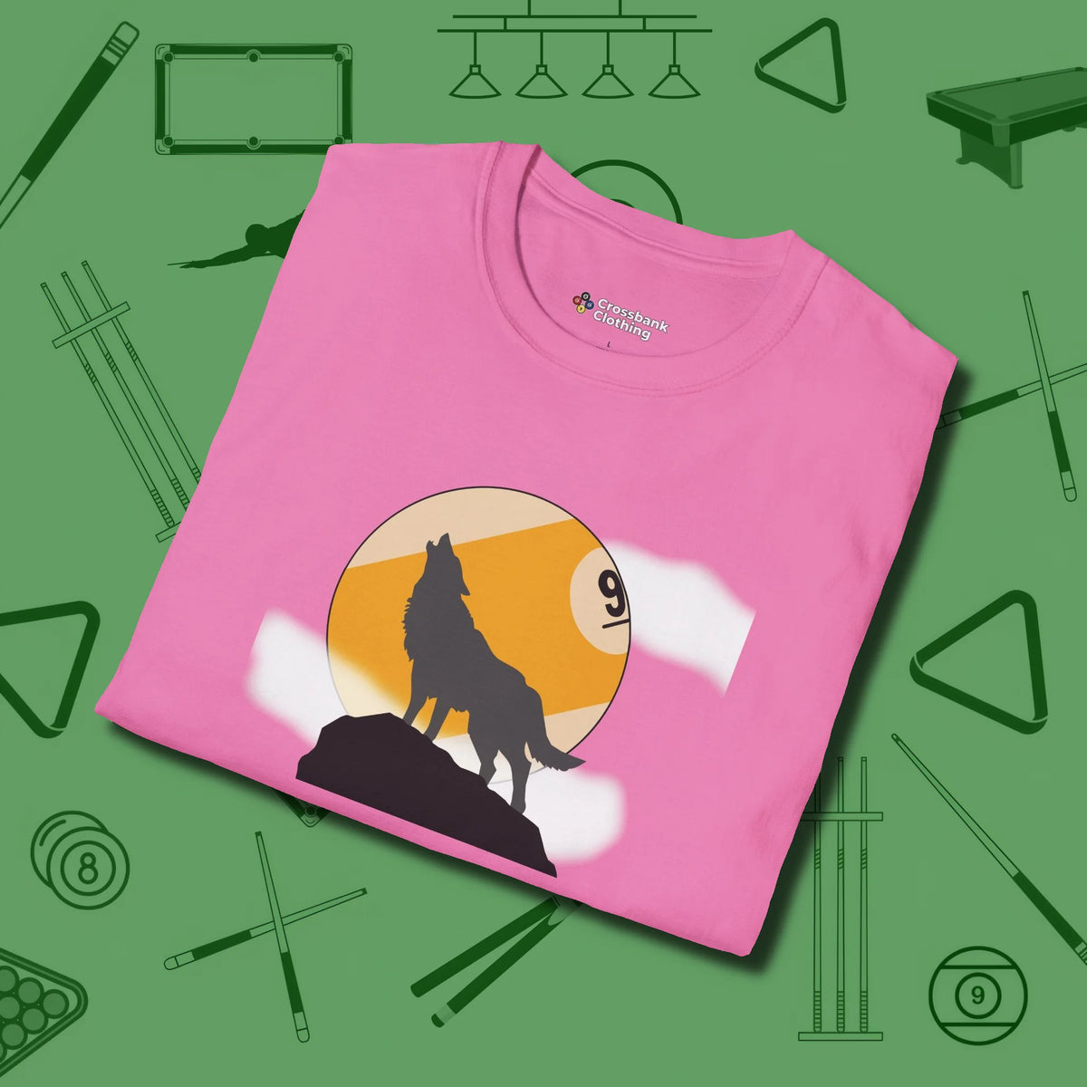 Nine Ball Wolf T-Shirt, folded view, in Azalea look good while calling your pocket