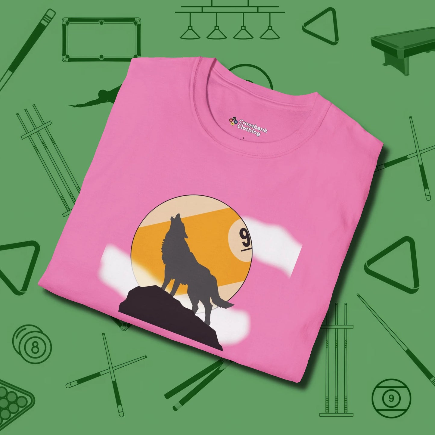 Nine Ball Wolf T-Shirt, folded view, in Azalea look good while calling your pocket