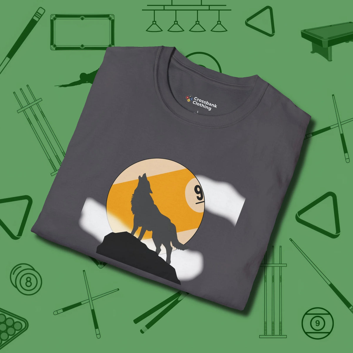 Nine Ball Wolf T-Shirt, folded view, in Charcoal cool enough for a corner pocket finish