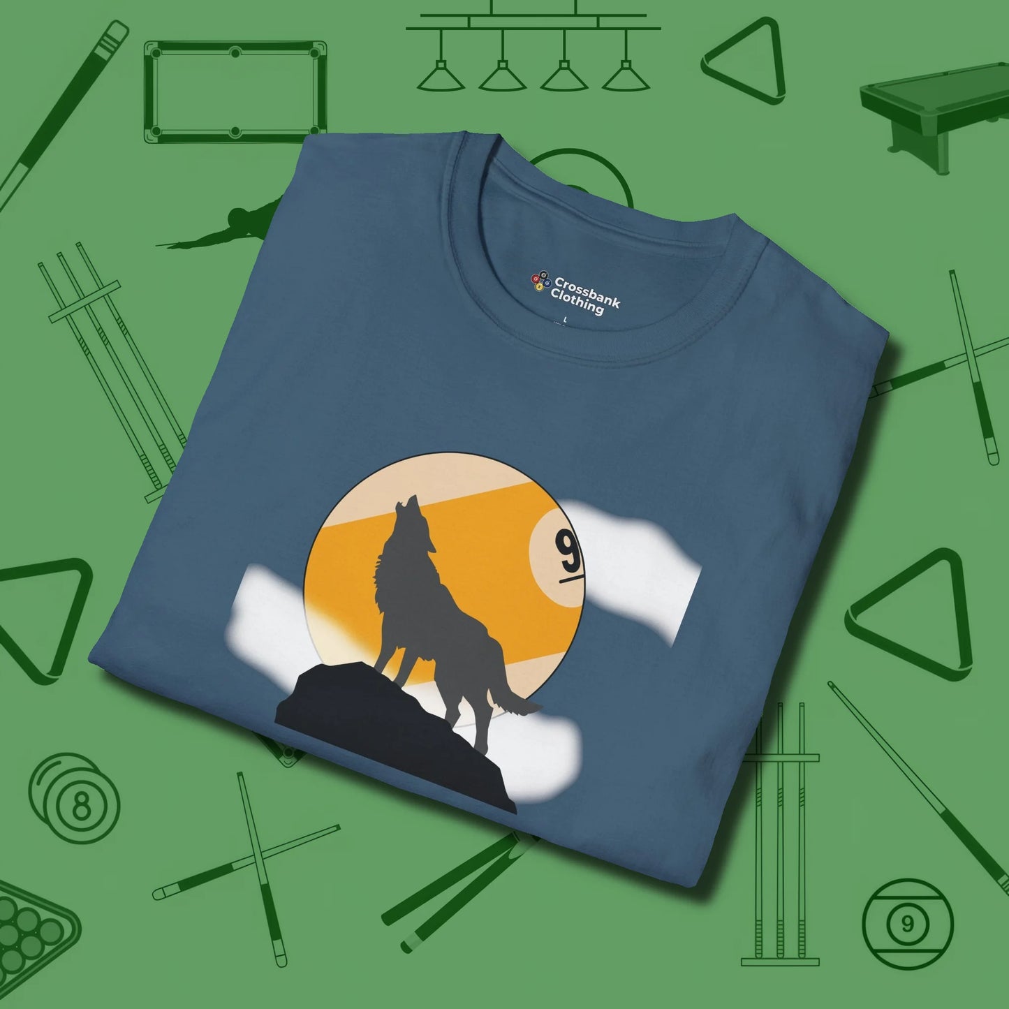 Nine Ball Wolf T-Shirt, folded view, in Indigo Blue for shooters who dress like they play: sharp