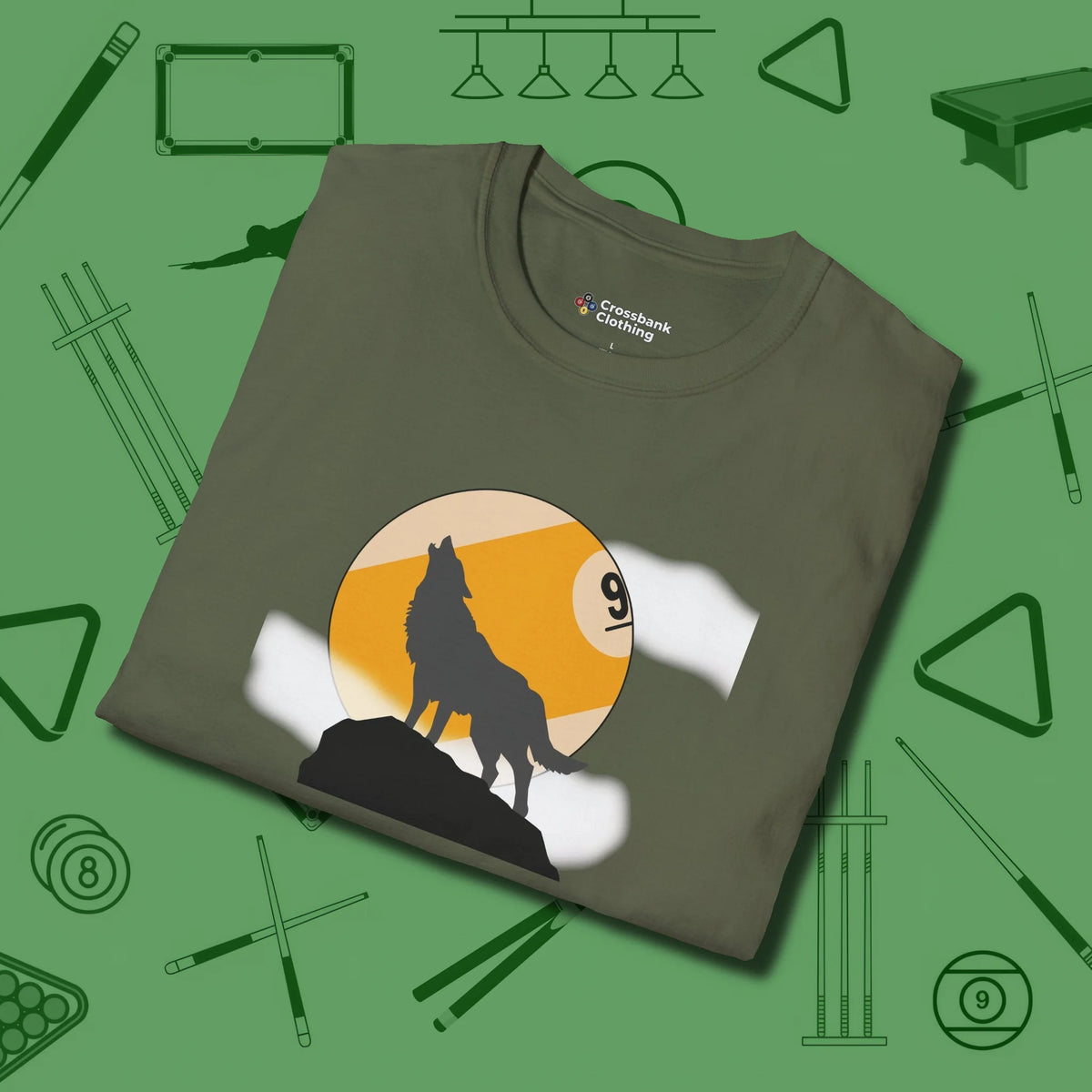 Nine Ball Wolf T-Shirt, folded view, in Military Green break, run out, turn heads — repeat