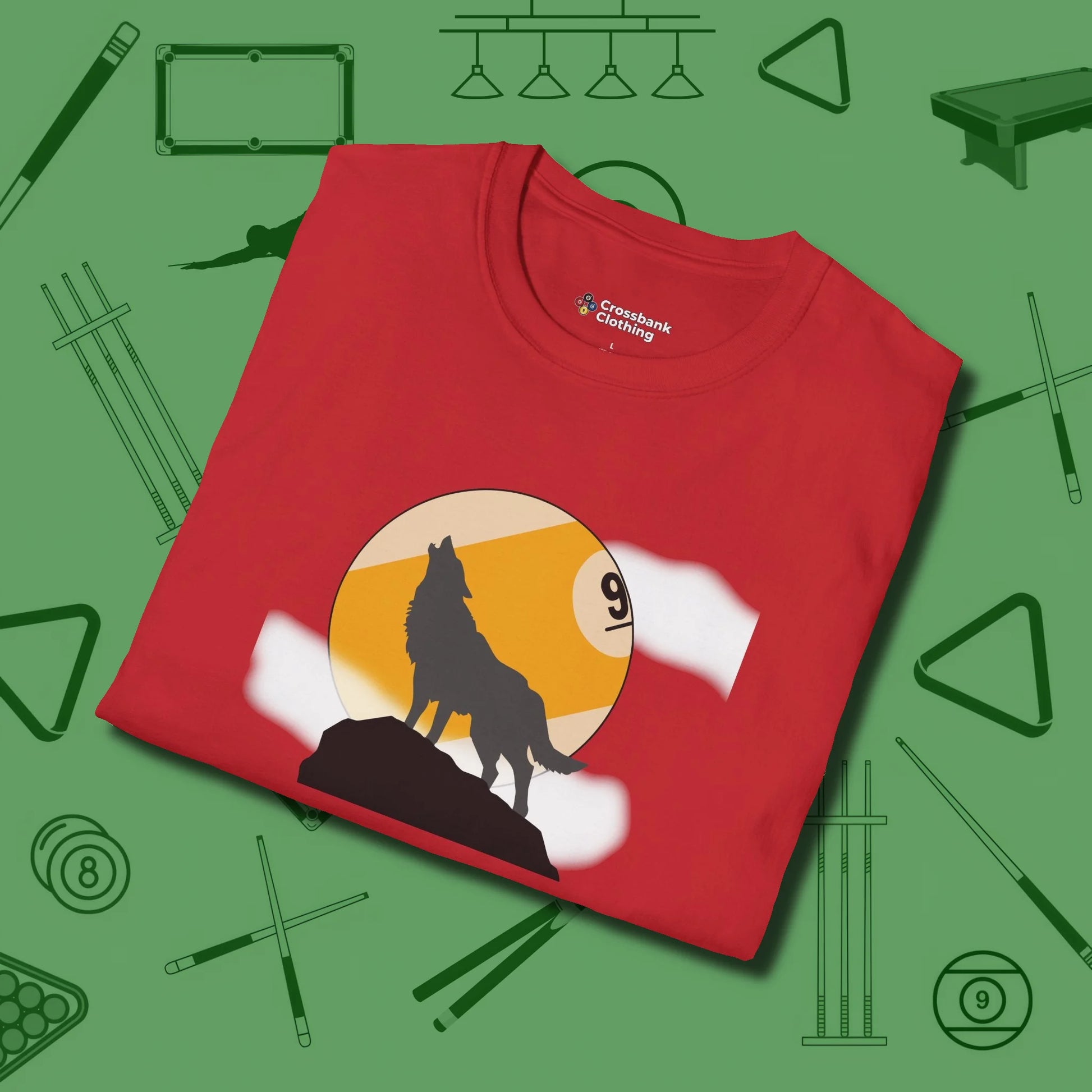 Nine Ball Wolf T-Shirt, folded view, in Red cue up respect every time you wear it