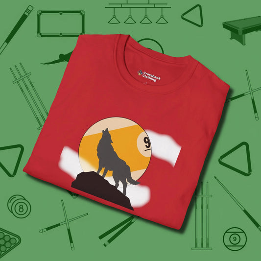 Nine Ball Wolf T-Shirt, folded view, in Red cue up respect every time you wear it