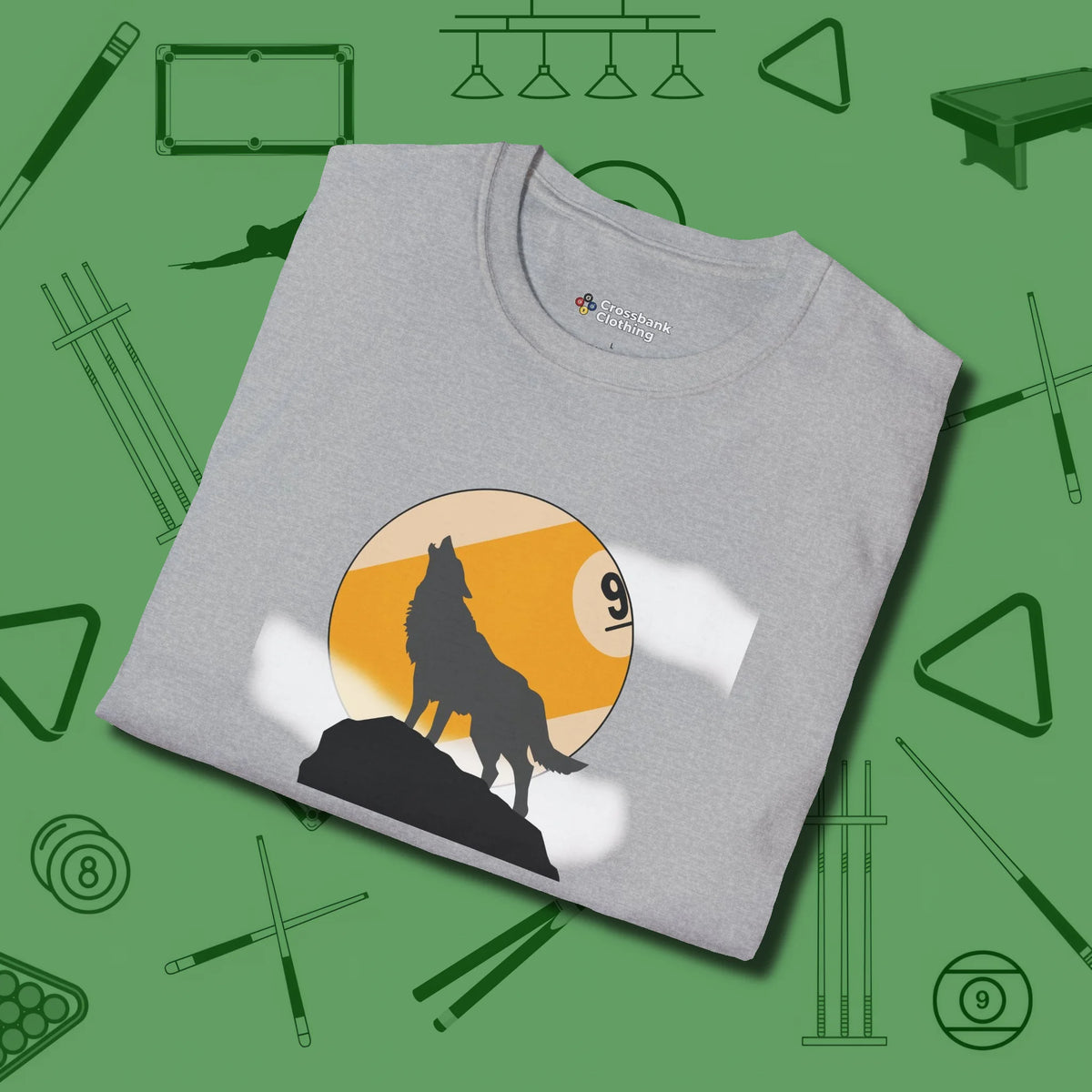 Nine Ball Wolf T-Shirt, folded view, in Sport Grey earns respect before the first shot