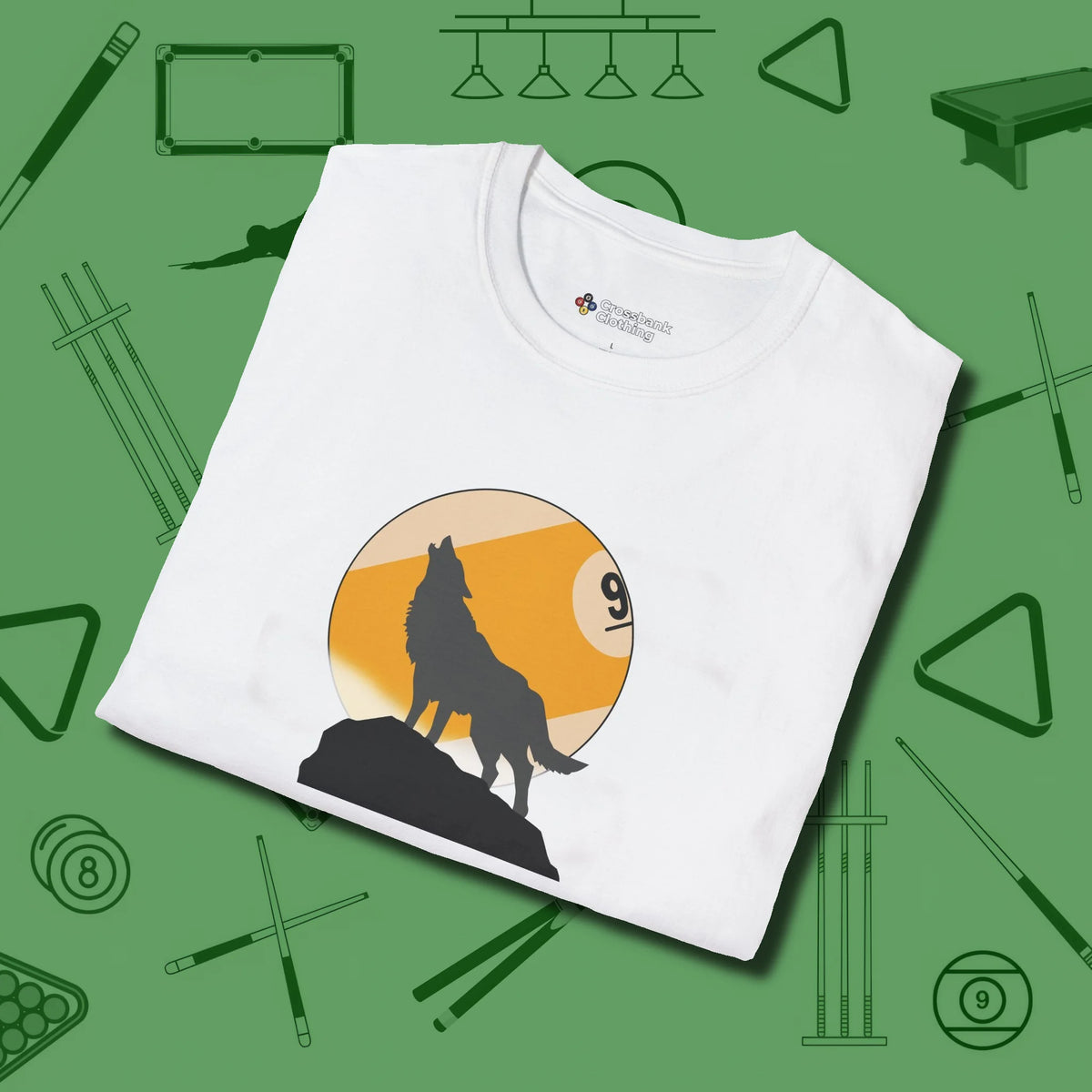 Nine Ball Wolf T-Shirt, folded view, in White your secret weapon off the table